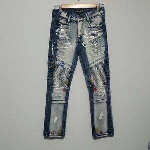 GS-115 Denim Jeans Boys Size 12 Blue Moto Paint Dye